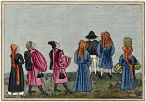 Costumes include: hood with liripipe, hose, short doublet or jerkin, tall crowned hats