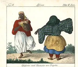 Bagpipes Prints: Costumes of Tripoli, Libya, bagpiper and a female dancer