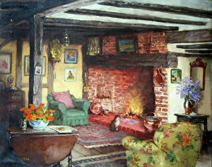 Cottage fireside with cat
