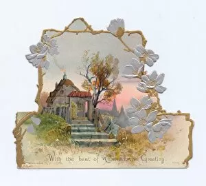 Flowery Collection: Cottage with flowery border on a Christmas card