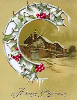 Twilight Prints: Cottage in the snow with holly on a Christmas card