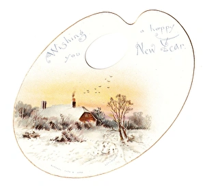 Images Dated 18th November 2015: Cottage in snow on a palette-shaped New Year card