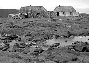 Bleak Prints: Two cottages in a bleak landscape, Isle of Lewis