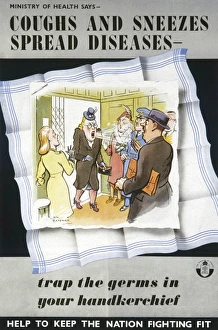 <b class=qtipBold><figcaption>Coughs & Sneezes Poster</figcaption></b><br>Humorous poster issued by the Ministry of Health during the Second World War in order to keep the nation "fighting fit". Always advisable to use a handkerchief.<br><em>© Mary Evans Picture Library 2015 - https://copyrighthub.org/s0/hub1/creation/maryevans/MaryEvansPictureID/10237007</em> Coughs & Sneezes Poster