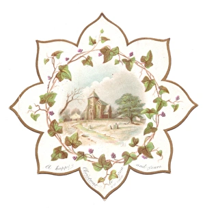 Greenery Gallery: Country church with ivy leaves on a Christmas card