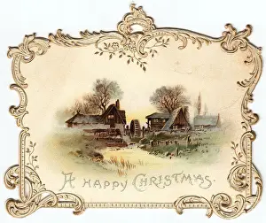 Country farming scene on a Christmas card