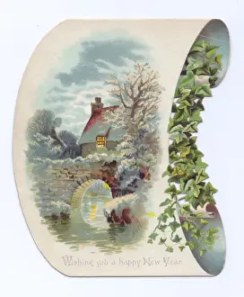 Country scene on a scroll-shaped New Year card