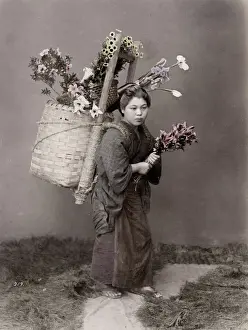 Garment Prints: Country woman with basket of flowers, flower vendor, Japan