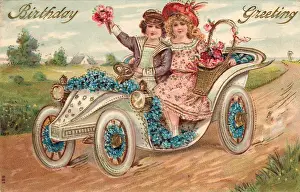 Couple in a car on a birthday postcard