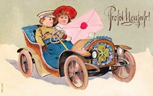 Forgetmenot Prints: Couple in a car on a German New Year postcard