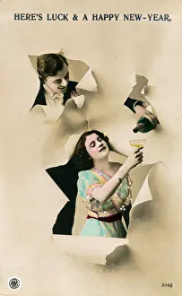 Torn Prints: Couple with champagne on a New Year postcard