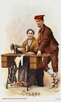 Tripoli Prints: Couple from Cyrene, Libya with their Singer Sewing Machine