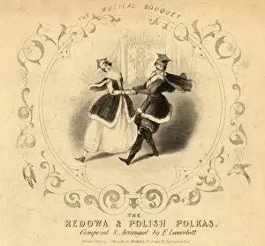 Stepping Prints: Couple dancing the polka on a music sheet