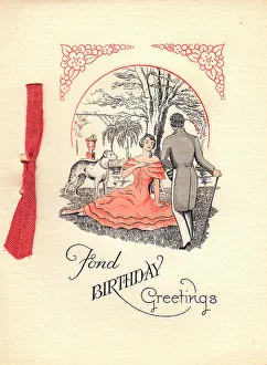 Tailcoat Prints: Couple and dog in a garden on a birthday card