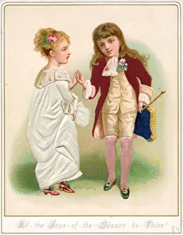 Buttonhole Prints: Couple in historical costume on a fabric Christmas card