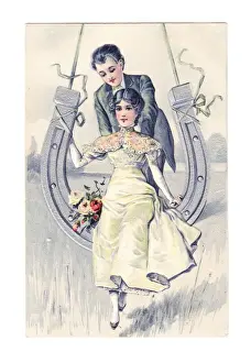 Couple on a horseshoe on a wedding postcard