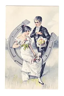 Couple on a horseshoe on a wedding postcard