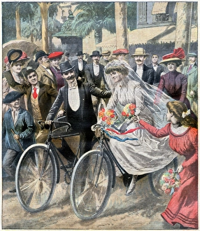 Cyclists Prints: A couple of keen cyclists pedal away from the church on their machines... Date: 1909