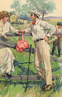 Occasions Collection: Couple lean on a fence at the golf course Date: 1910