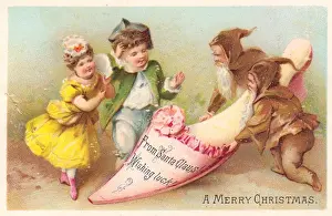 Couple receiving lucky slipper on a Christmas card