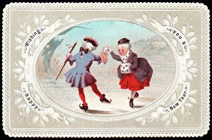 Images Dated 26th June 2018: Couple skating on the ice on a New Year card