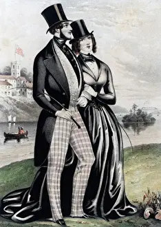 Courting Prints: Couple taking a walk in top hats
