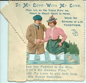 Couple wading through water on a Valentine card