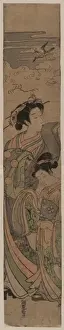 Lark Prints: Courtesan and her attendant listening to a lark