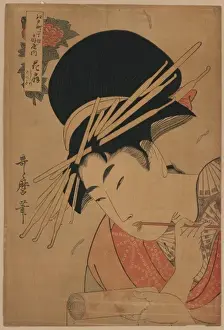 Courtesan, head-and-shoulders portrait, facing left, holding