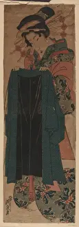 Courtesan holding a customers coat