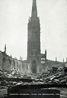 Coventry Cathedral in ruins after bombing, WW2