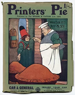 Front cover of Printers Pie, 1914 with a cover illustration by John Hassall showing a oe