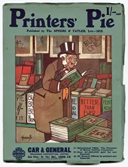Front cover of Printers Pie magazine for 1915 featuring an elderly gentleman reading a
