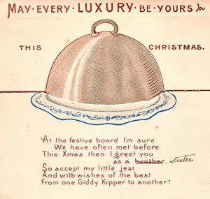 Covered dish with comic verse on a Christmas card