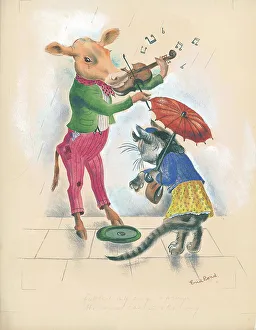 Coin Gallery: Cow playing violin, busking, cat putting coin in hat