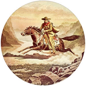Images Dated 26th August 2020: Cowboy riding on horse for the Pony Express Mail Service Date: 1859