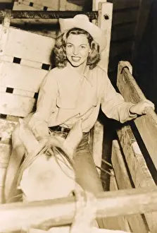 Cowgirl Prints: Cowgirl on horse in stall, Rodeo and Circus