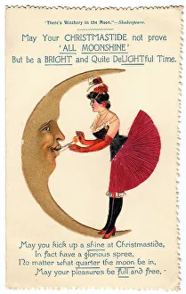 Crescent moon with comic verse on a Christmas card