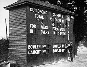 Guildford Collection: Cricket Scoreboard at Guildford, Surrey, 1938