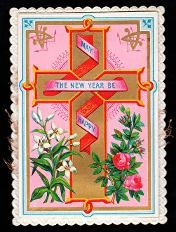 Images Dated 22nd June 2018: Cross and flowers on a New Year card