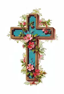 Foliage Gallery: Cross with pink flowers on a Victorian scrap