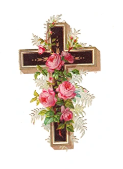 Images Dated 13th November 2015: Cross with pink roses on a Victorian scrap