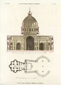 Moderno Collection: Cross-section and plan of St. Peters Basilica, Rome