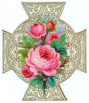 Buds Prints: Cross-shaped greetings card with pink roses