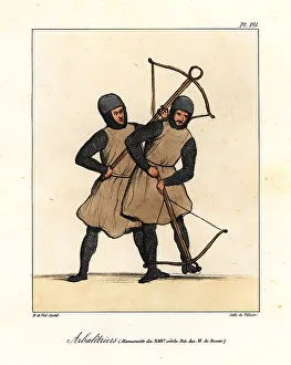 13th Century Prints: Crossbowmen in helmets, chaimnail armor, tunics, loading their w