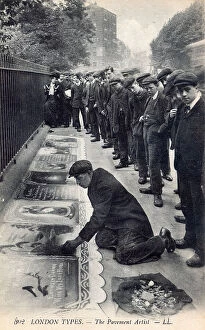 Chalk Collection: Crowd of flat capped youths watching a street artist