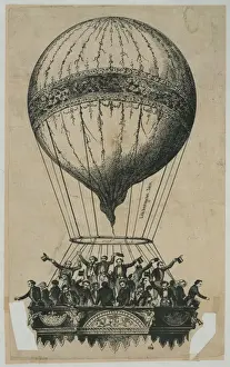 Crowd of passengers wave from basket of ascending balloon