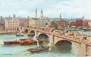 Reproduced Prints: Crowded London Bridge, boats, Nelson's Column behind