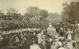Pigtail Prints: Crowded street with parade, China