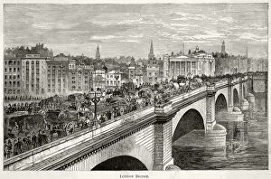 A very crowded street scene on London Bridge. Date: circa 1860